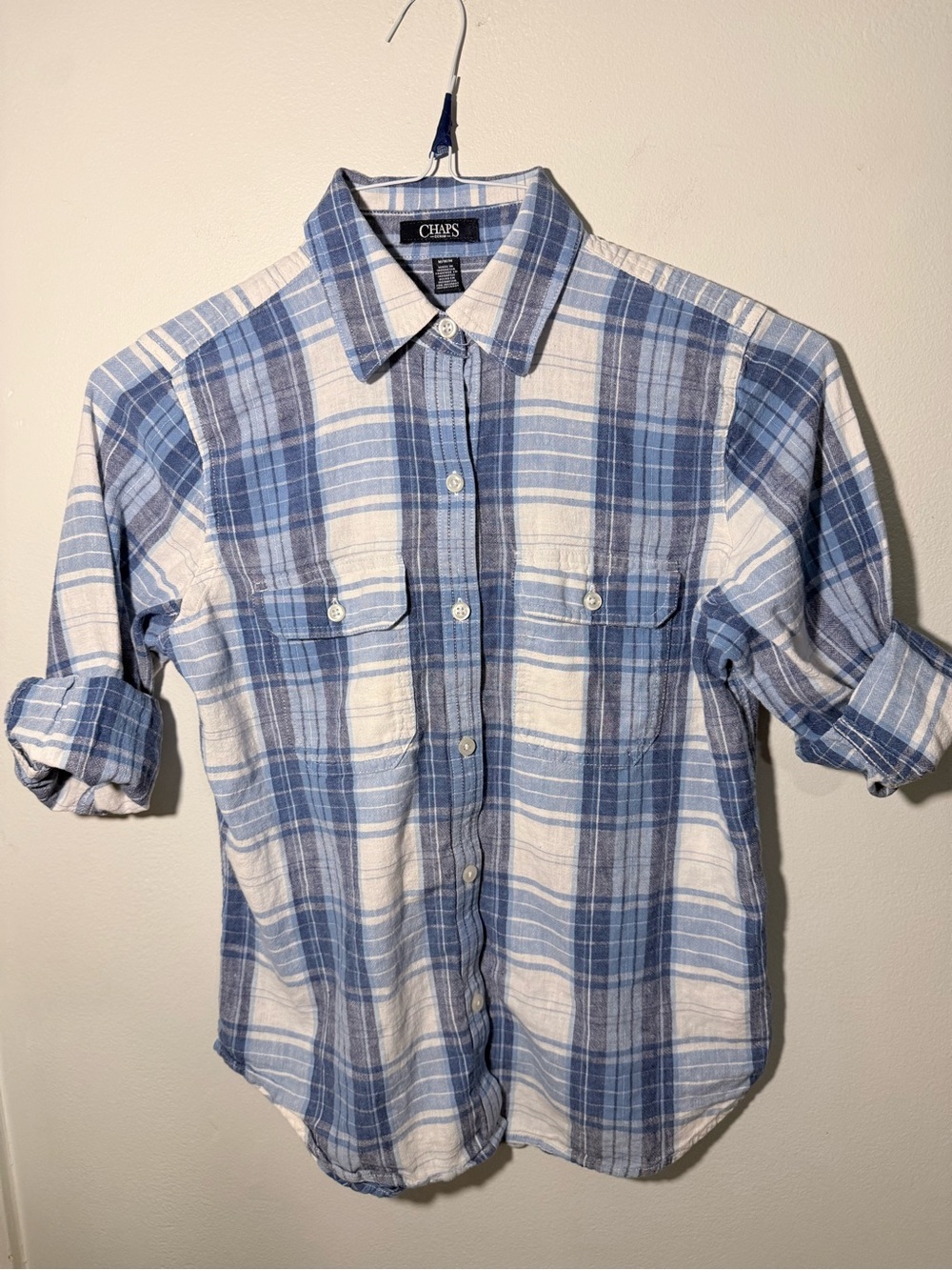 Chaps Blue and White Plaid Button-Down Shirt
